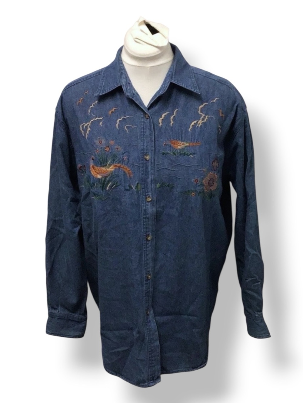 Bushwacker Women’s Long Sleeve Button Down Shirt VTG 90s Denim Embroidered L